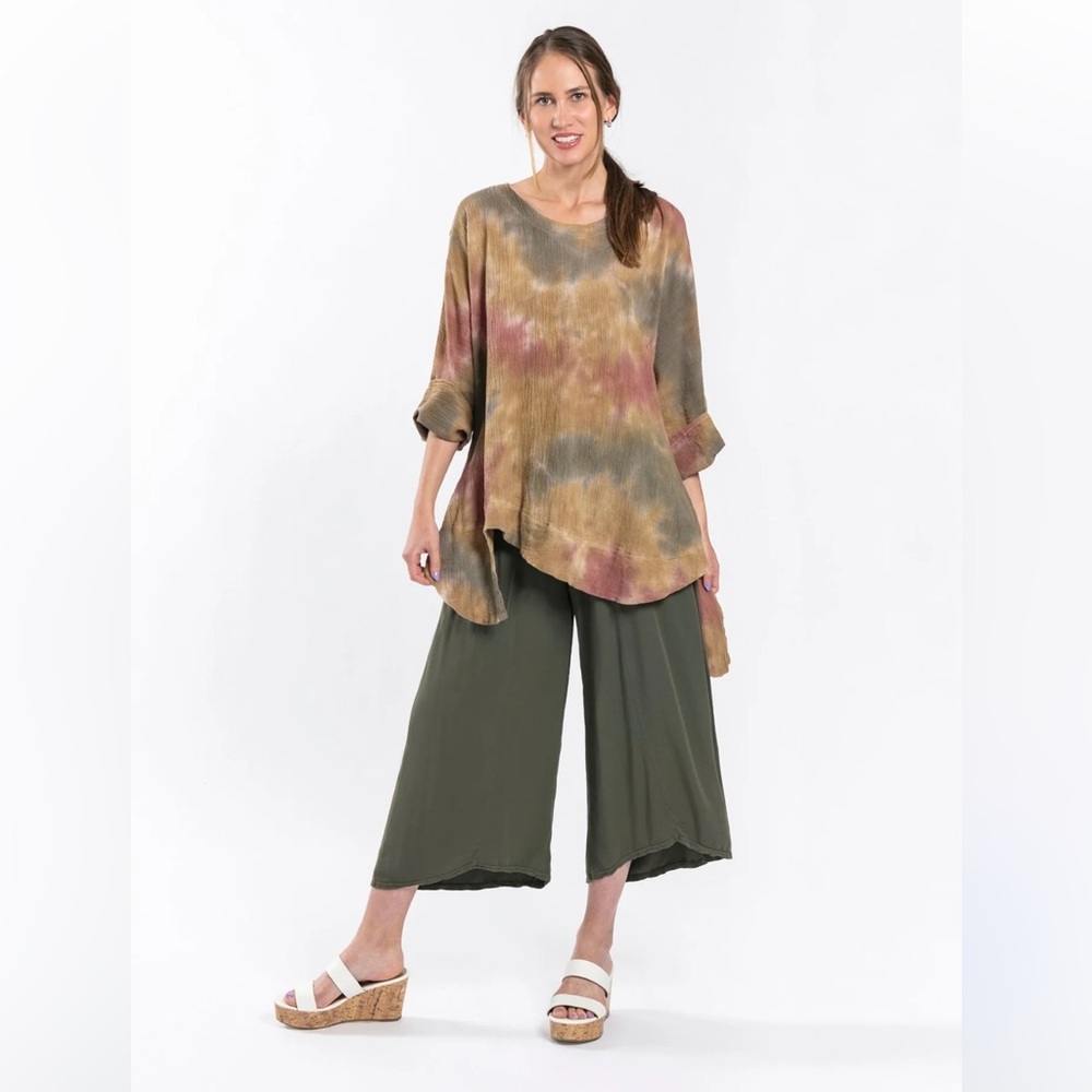 Relaxed Tie-Dye Oversized Tunic in Olive, Rust & Taupe